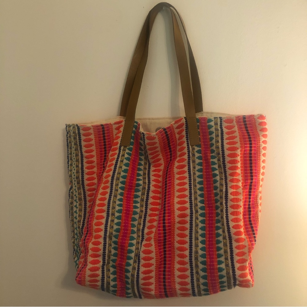 Bohemian pink canvas embroidered tote bag large